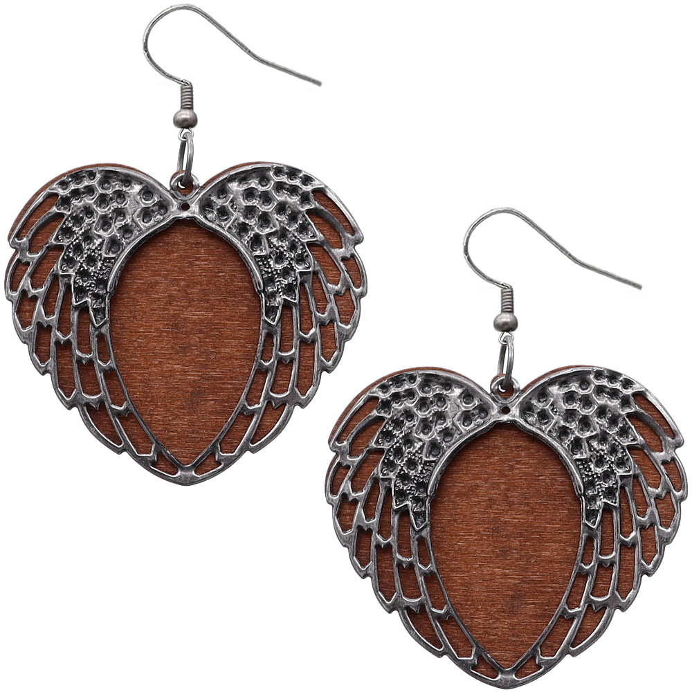 Brown Wooden Heart Double Wing Earrings