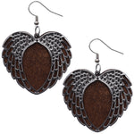 Dark Brown Wooden Heart Double Wing Earrings