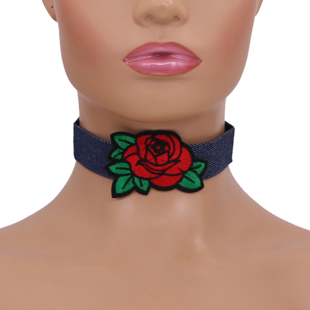 Red Floral Embroidery Denim Choker Necklace