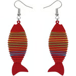 Red Multicolor Wooden Woven Fish Earrings